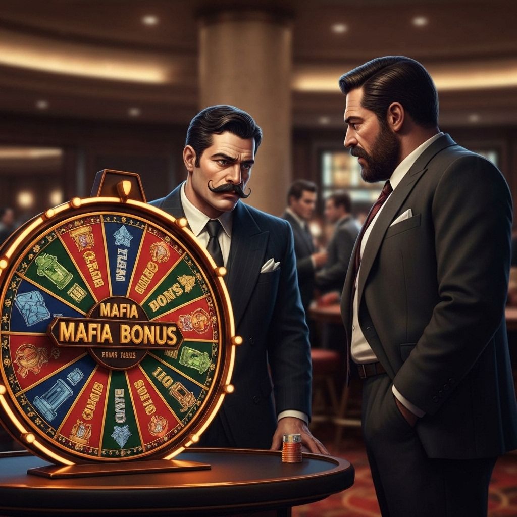 Mafia Casino koło bonusowe z postaciami gangsterów